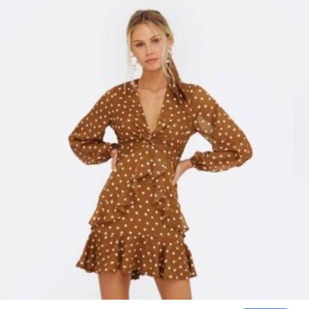 Lulu's Brown Ruffled Wrap Dress with Bishop Sleeves